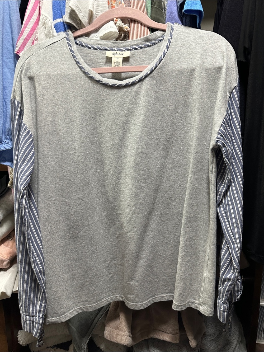 Style & Co Women’s Grey Tee with Blue Stripe Sleeve Detail